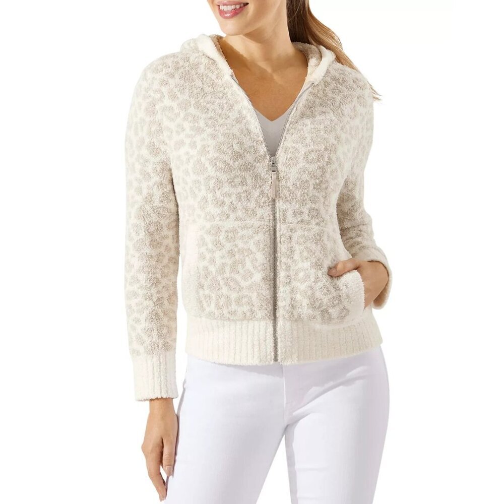 Tommy Bahama Island Soft Full-Zip Hooded Jacket Size S Cozy Leopard Boucle Cream